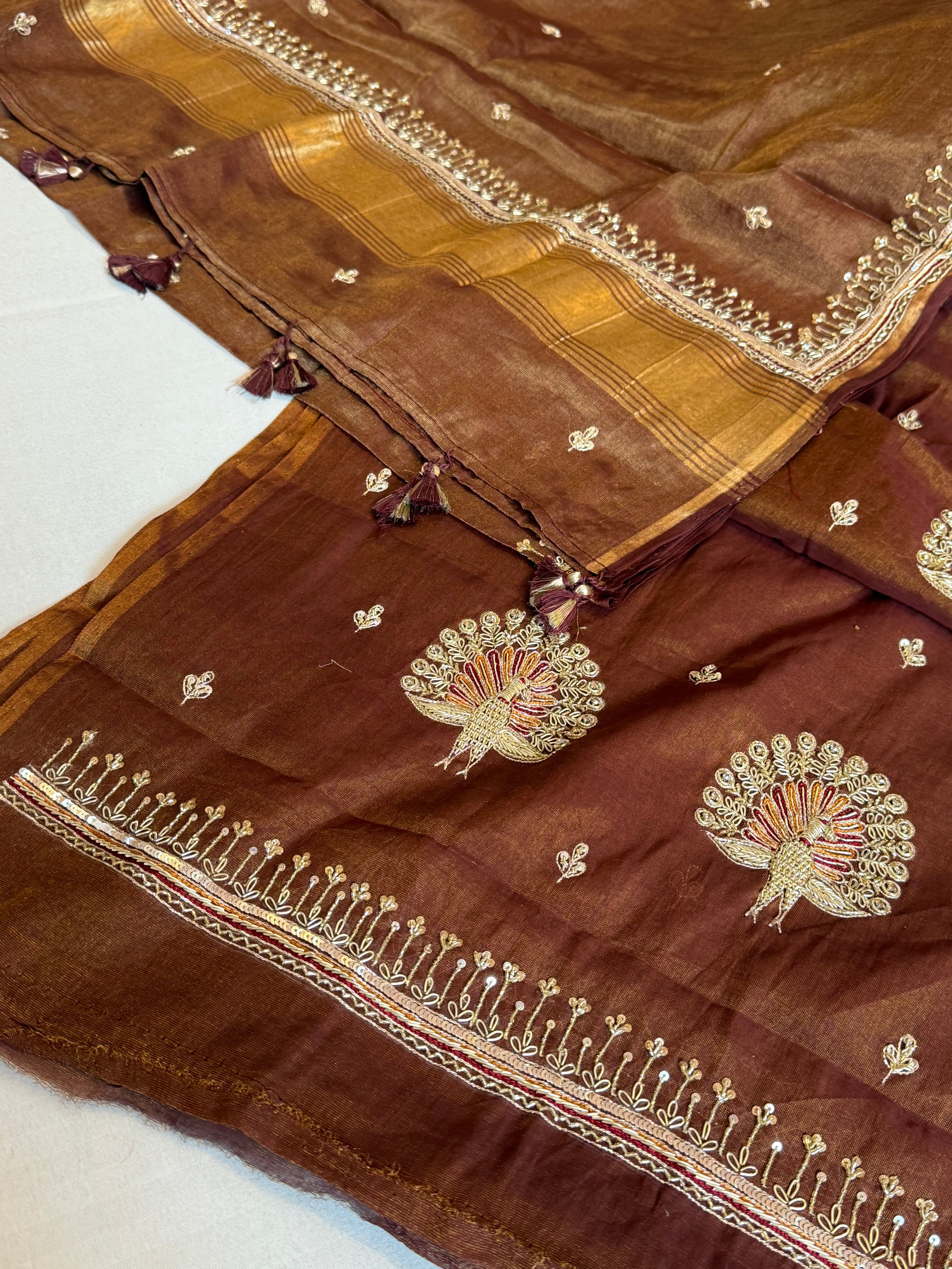 Chocolate brown mul cotton tissue silk hand embroidered kadhwa suit sets